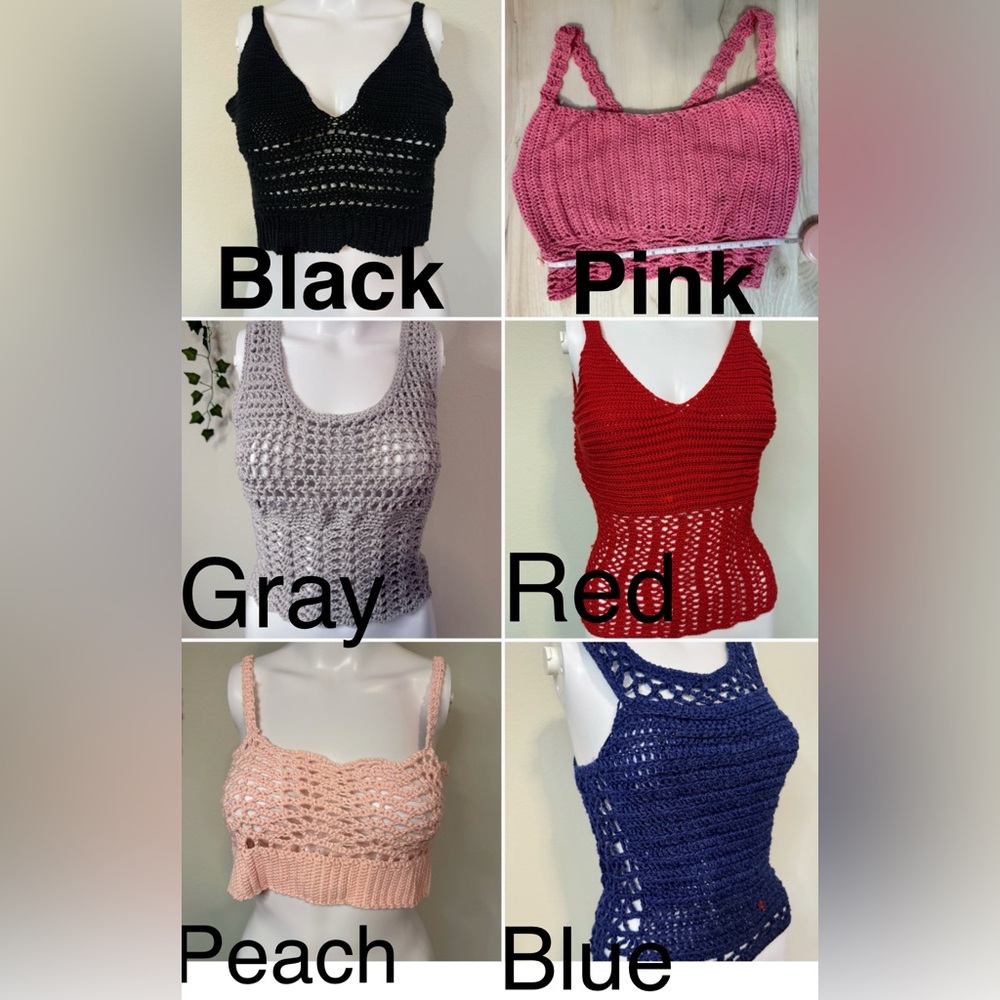 Chic Women's Crochet Crop Tops & Tanks - Black, Pink, Gray, Red, Peach, Blue NEW
